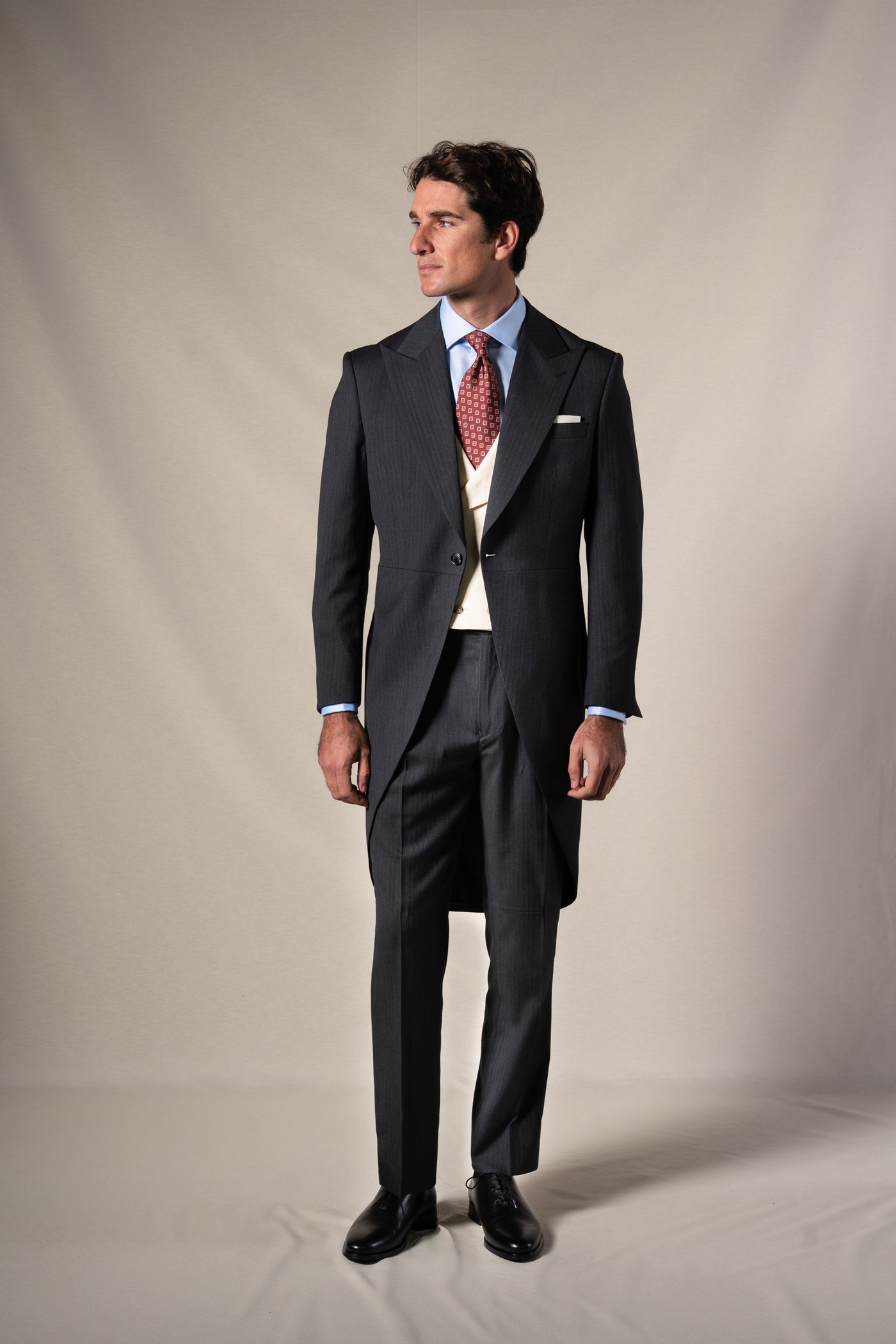 Herringbone Grey Morning Suit Beige Vest - Chaqué BUND