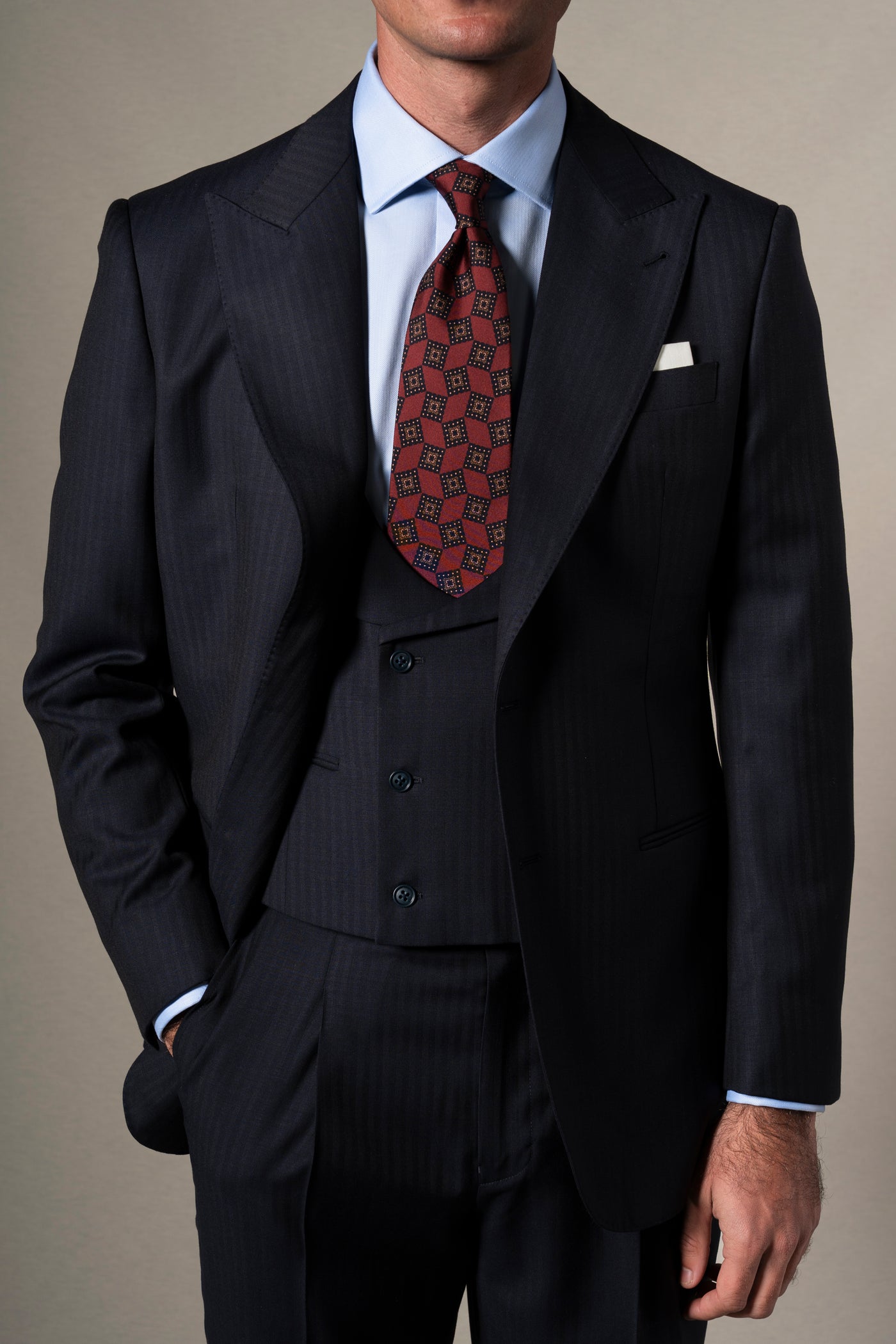 Dark Blue Herringbone 3 Pieces Suit - Traje a medida BUND