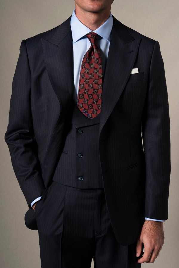 Dark Blue Herringbone 3 Pieces Suit