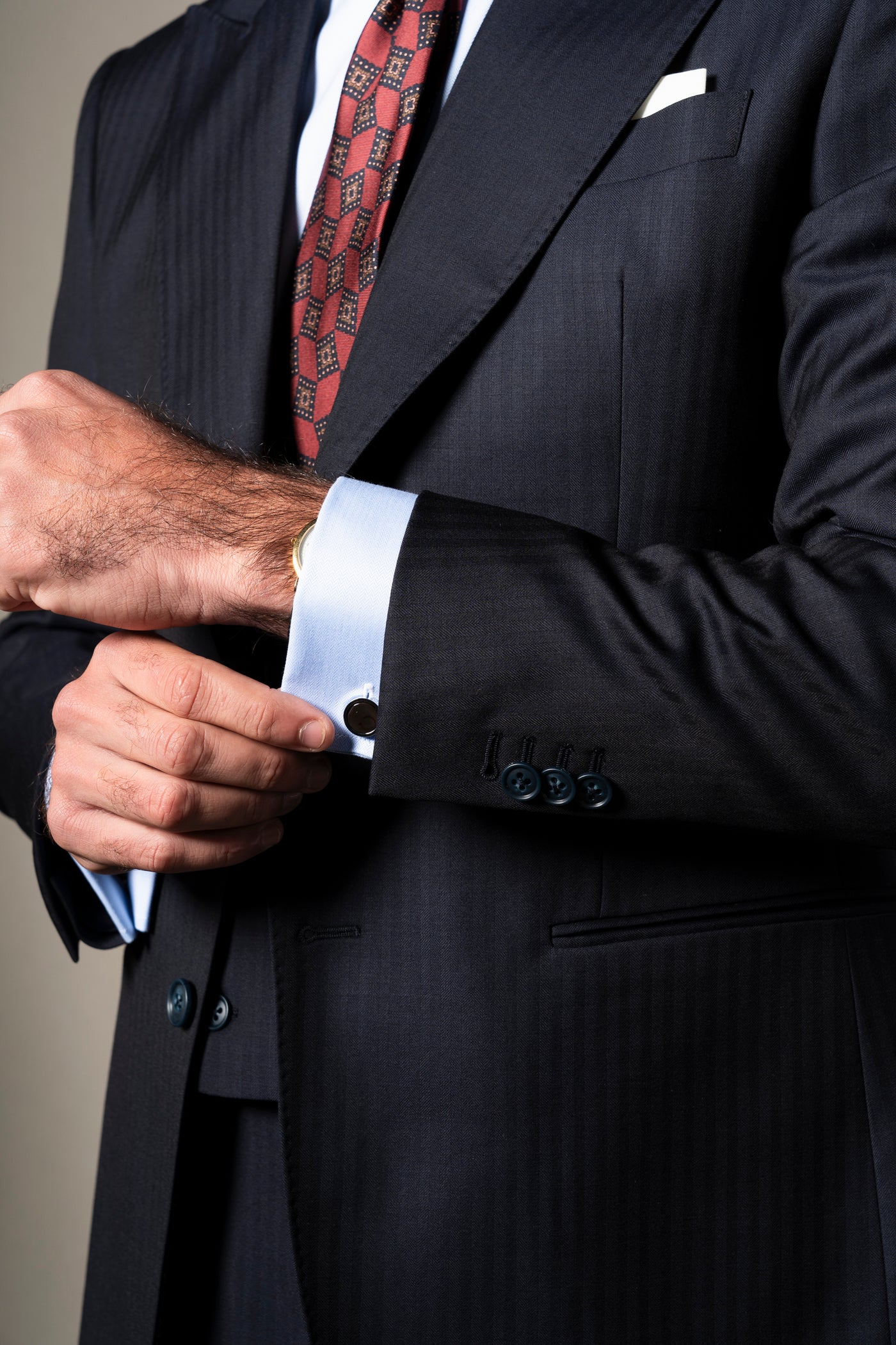 Dark Blue Herringbone 3 Pieces Suit - Traje a medida BUND