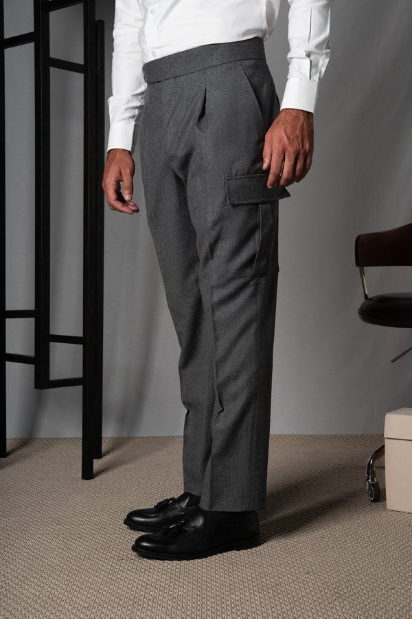 Flannel Light Gray Wool Casual Cargo Pants