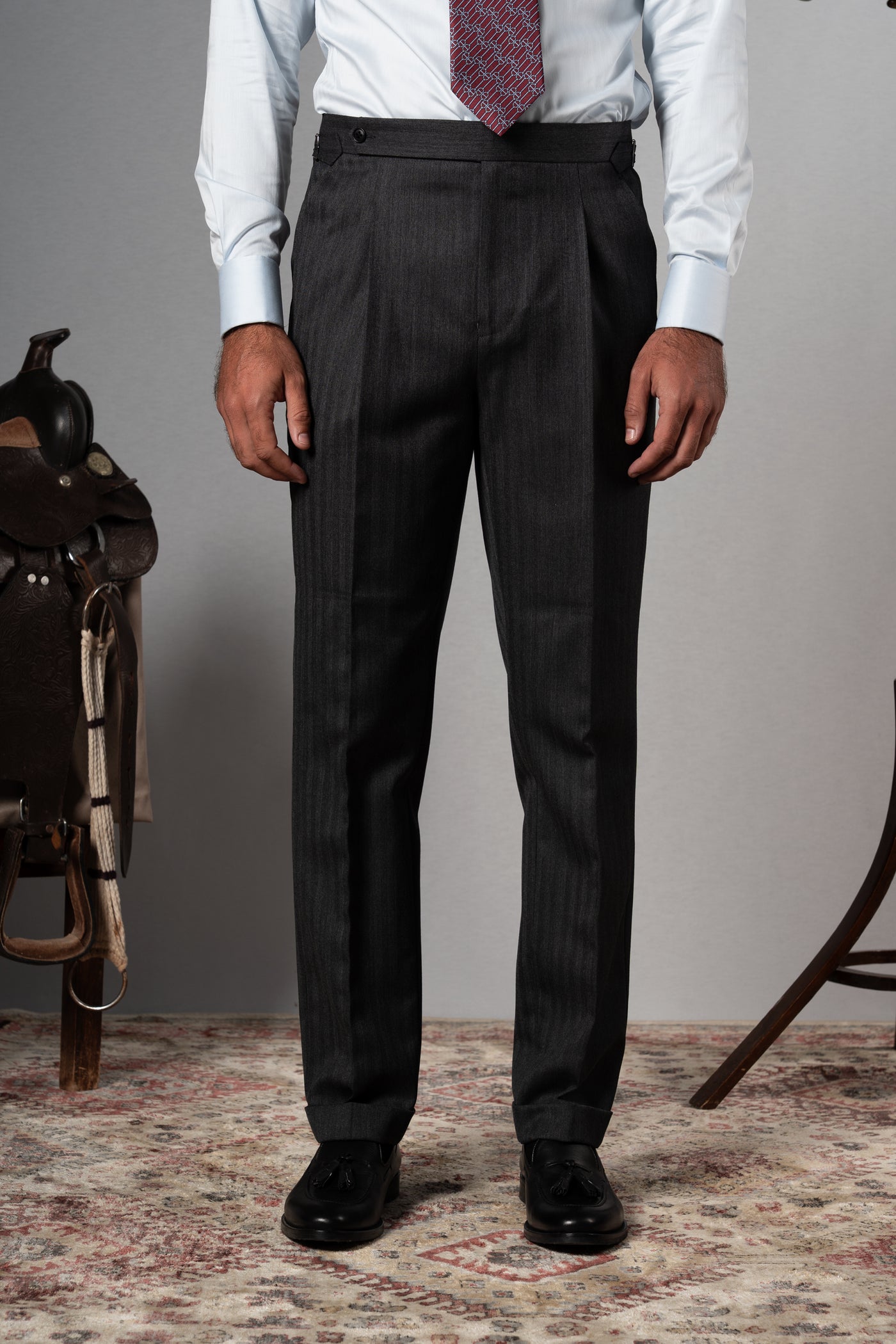 Herringbone Dark Grey Wool Double Breasted Suit - Traje a medida BUND