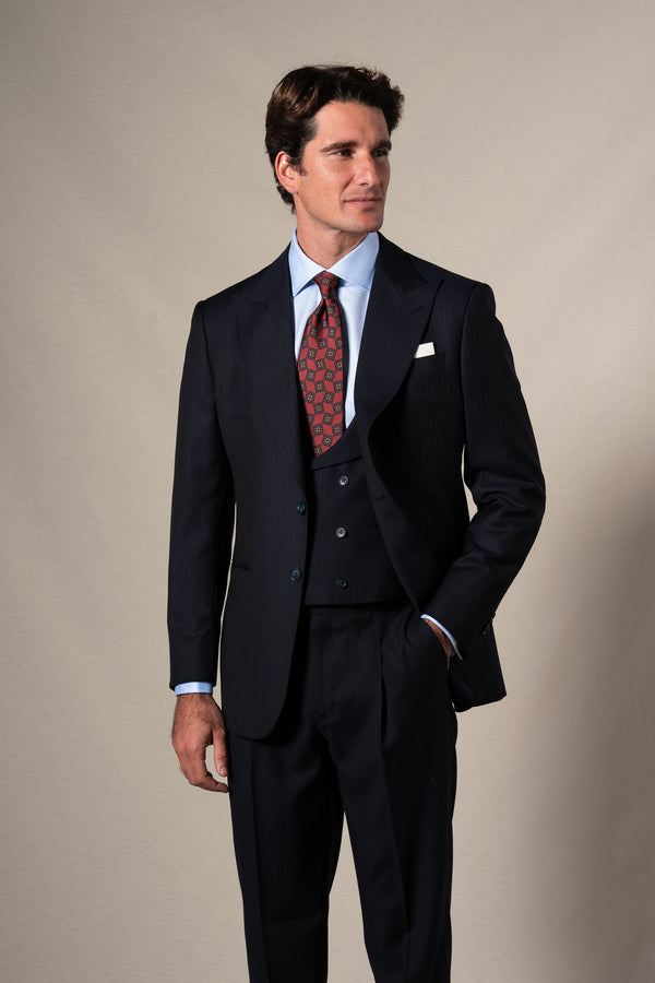 Dark Blue Herringbone 3 Pieces Suit