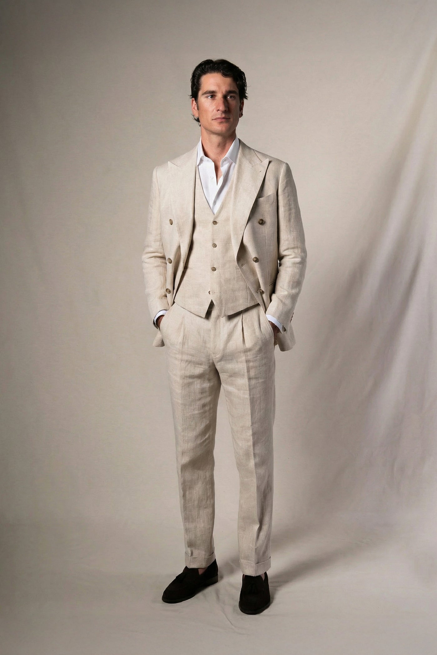Beige Linen Double Breasted 3 Pieces Suit - Traje a medida BUND