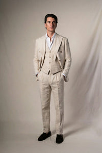 Beige Linen Double Breasted 3 Pieces Suit - Traje a medida BUND