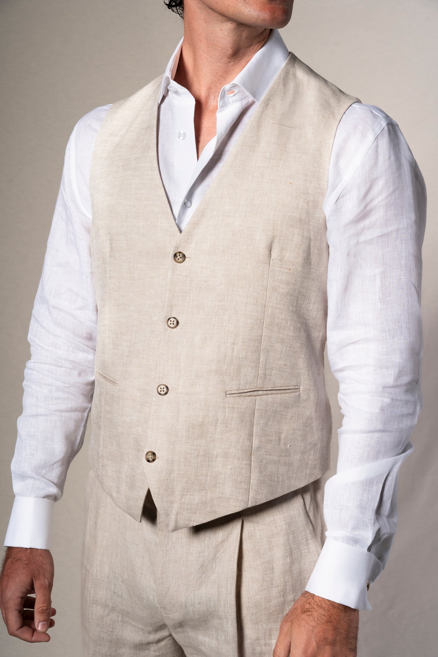 Beige Linen Double Breasted 3 Pieces Suit - Traje a medida BUND