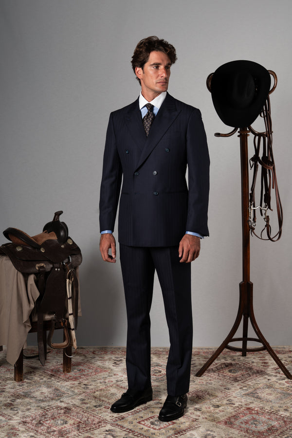 Herringbone Dark Navy Wool Double Breasted Suit