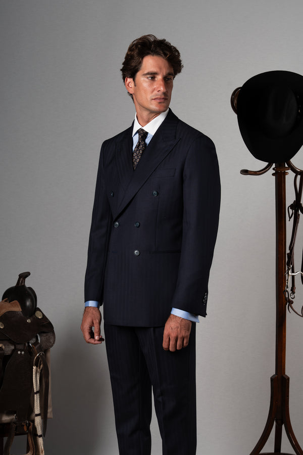 Herringbone Dark Navy Wool Double Breasted Suit