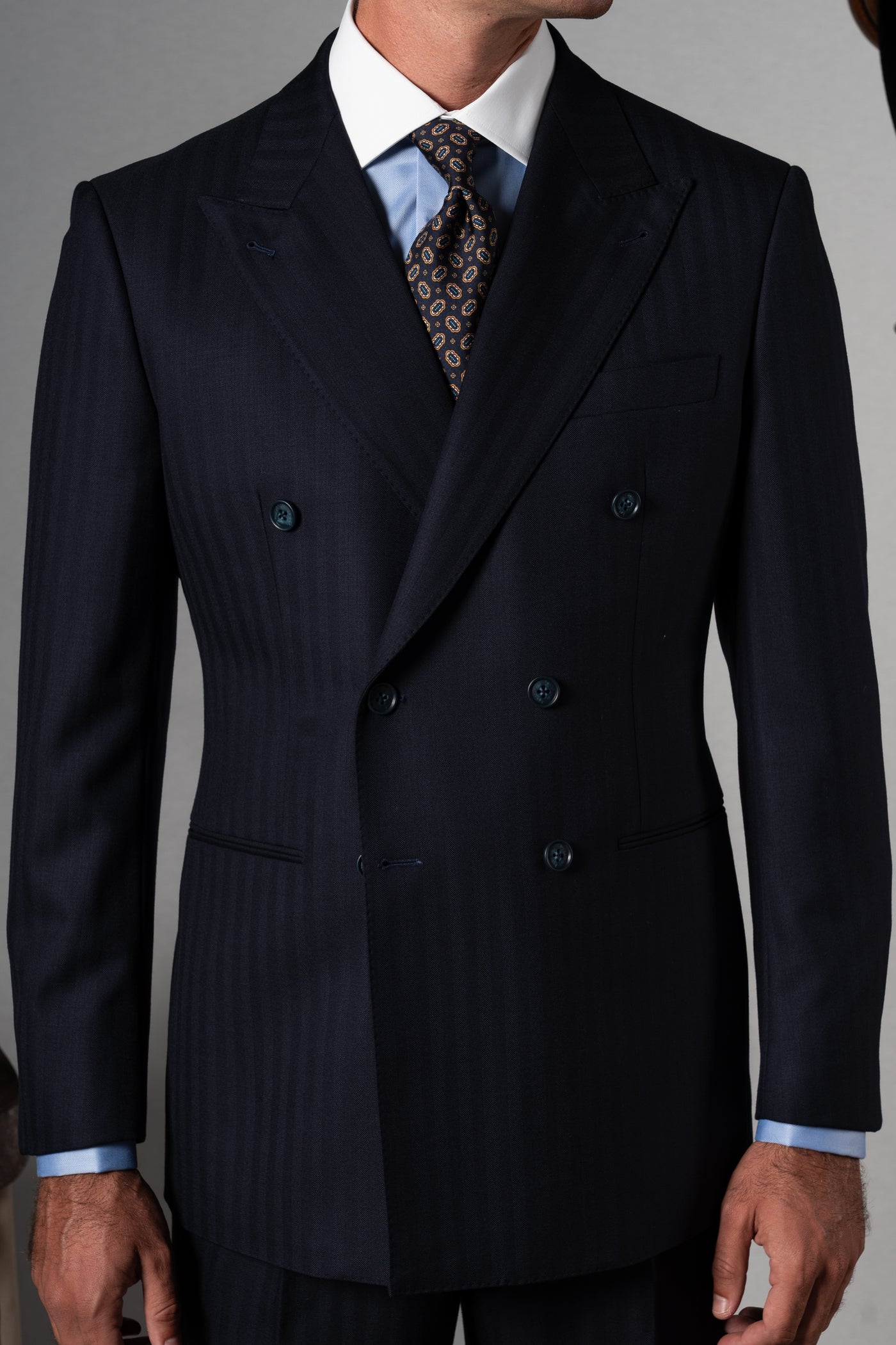 Herringbone Dark Navy Wool Double Breasted Suit - Traje a medida BUND