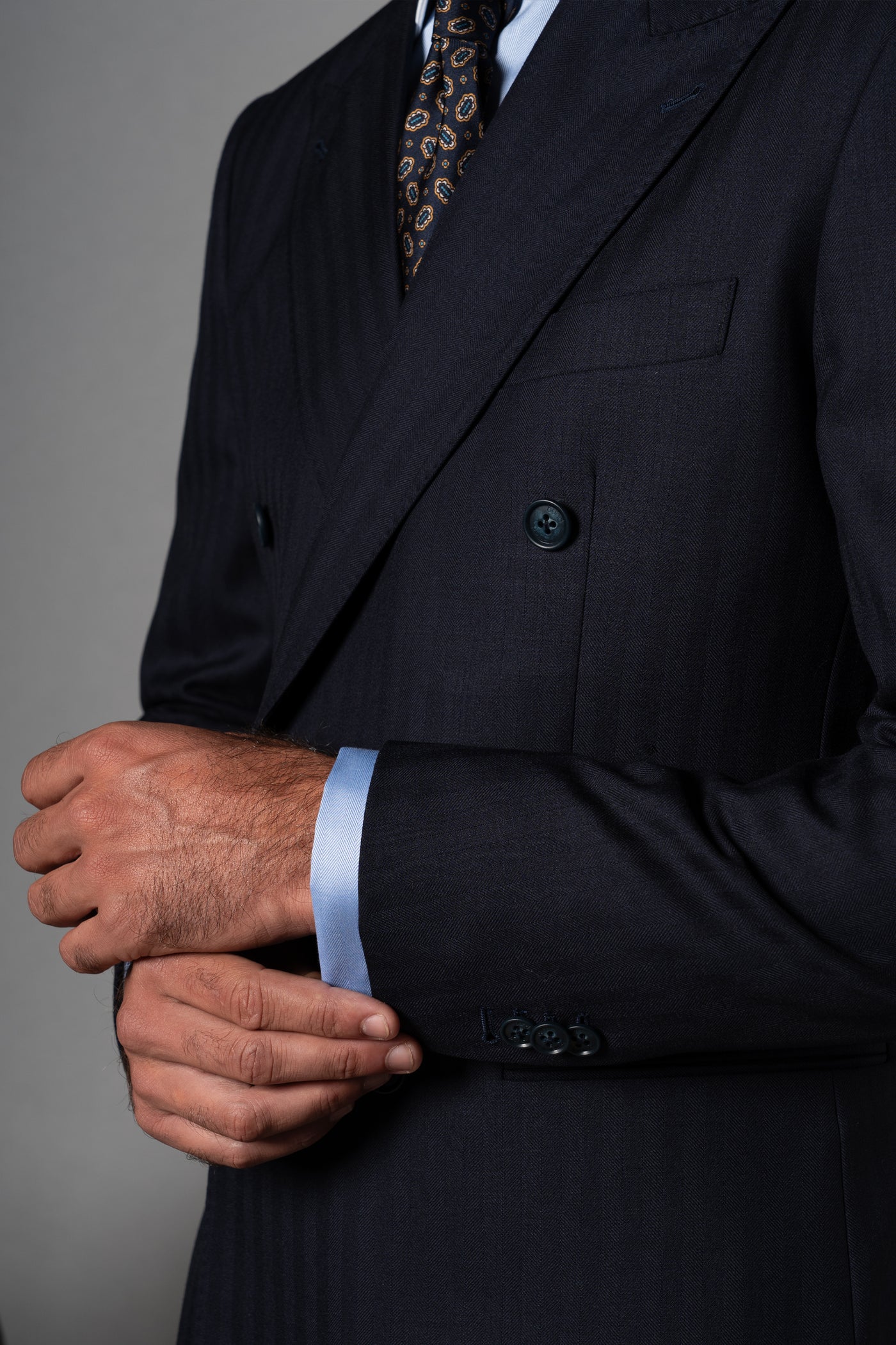 Herringbone Dark Navy Wool Double Breasted Suit - Traje a medida BUND
