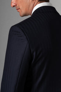 Herringbone Dark Navy Wool Double Breasted Suit - Traje a medida BUND