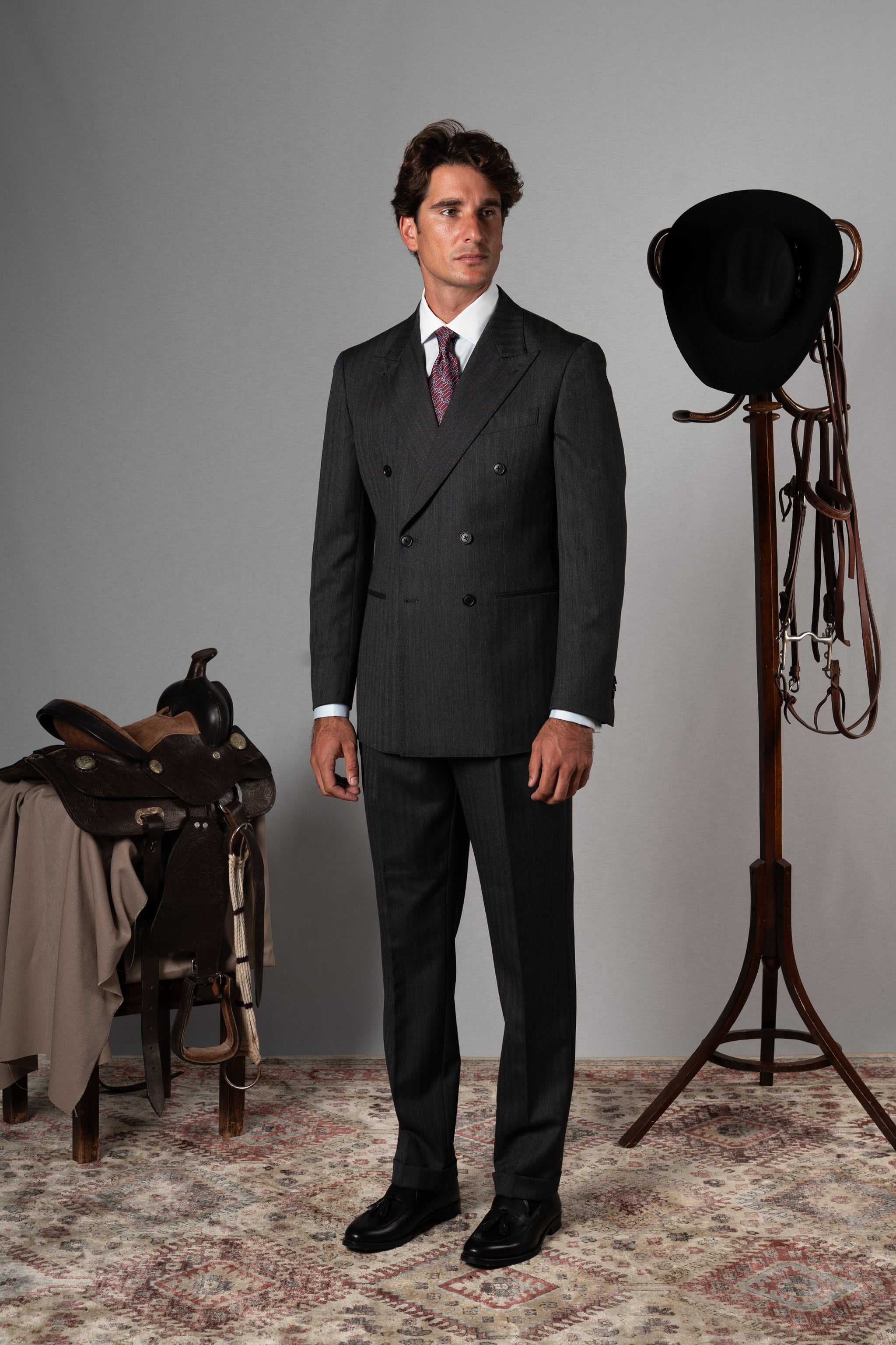 Herringbone Dark Grey Wool Double Breasted Suit