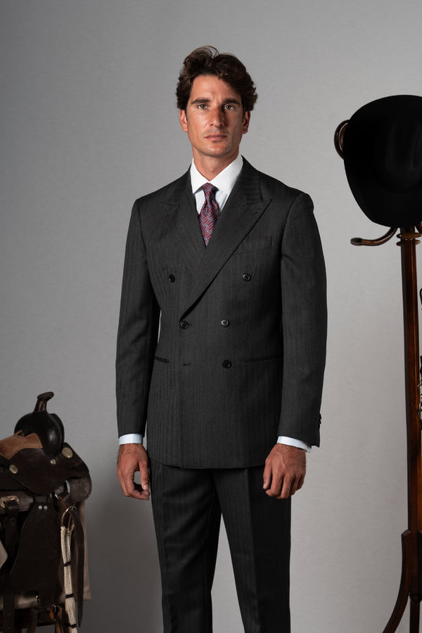 Herringbone Dark Grey Wool Double Breasted Suit