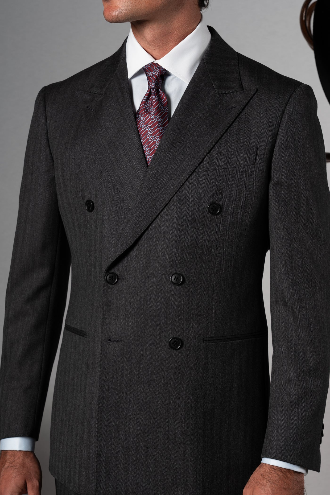 Herringbone Dark Grey Wool Double Breasted Suit - Traje a medida BUND