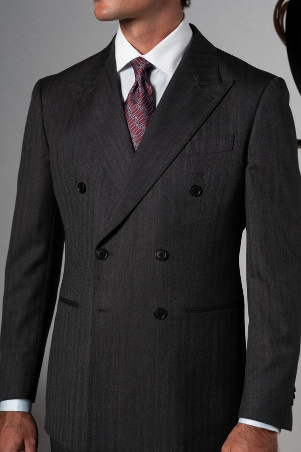 Herringbone Dark Grey Wool Double Breasted Suit