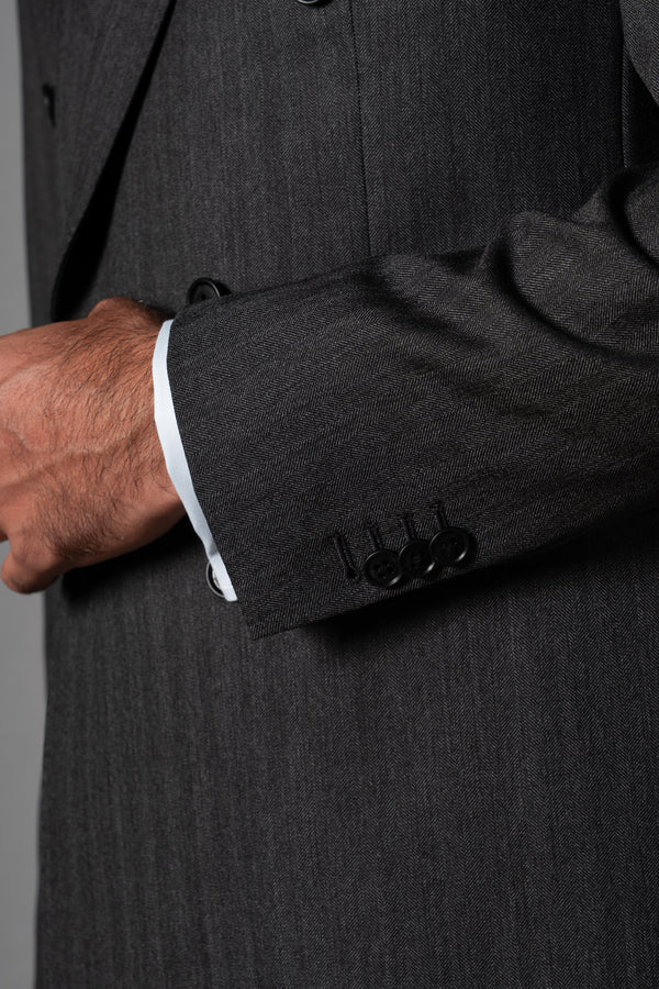 Herringbone Dark Grey Wool Double Breasted Suit