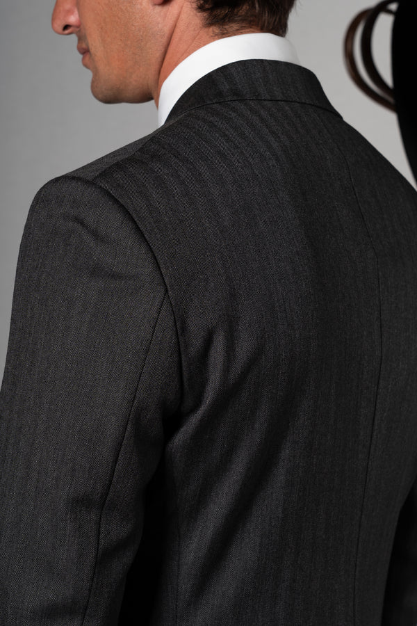 Herringbone Dark Grey Wool Double Breasted Suit