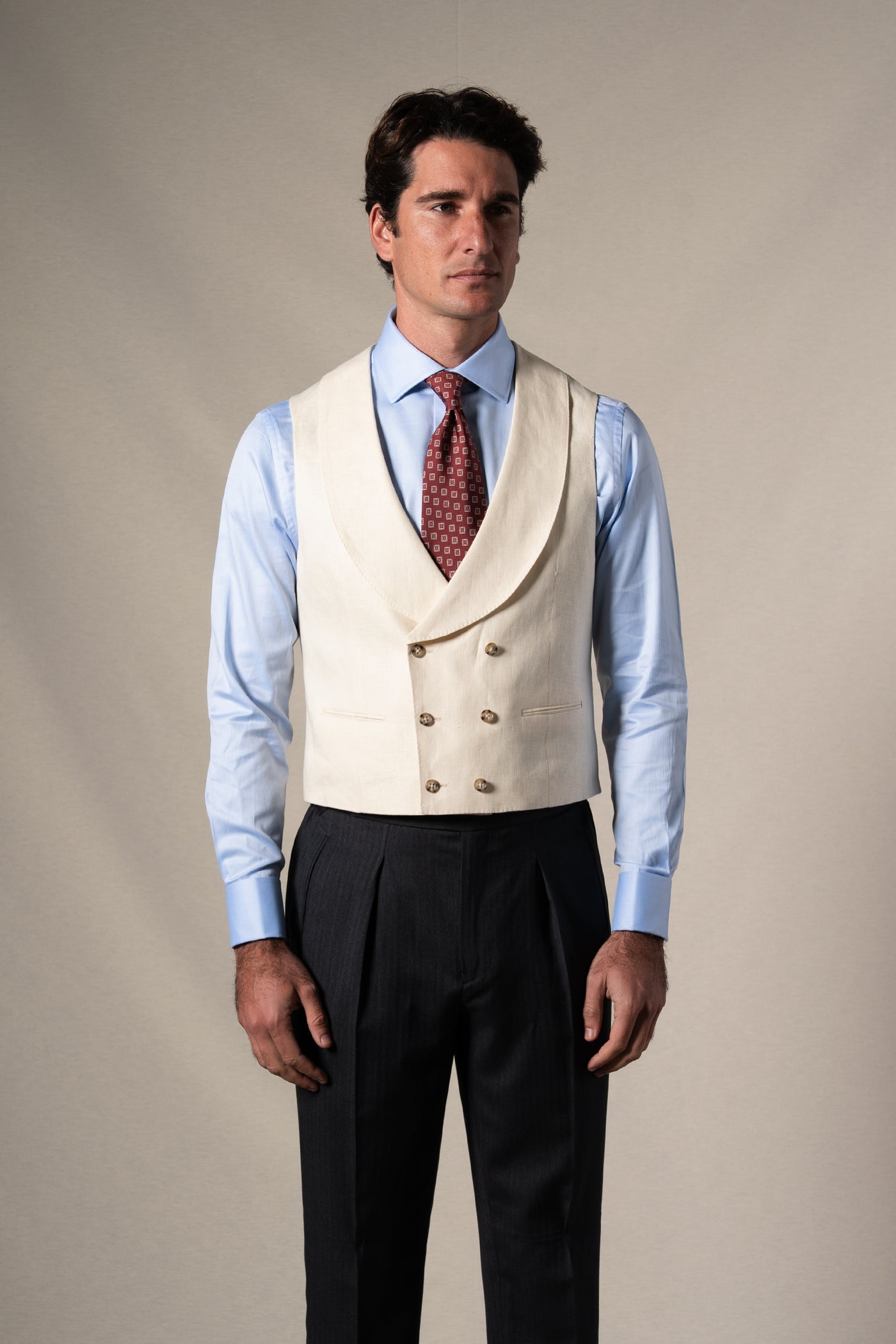 Herringbone Grey Morning Suit Beige Vest - Chaqué BUND