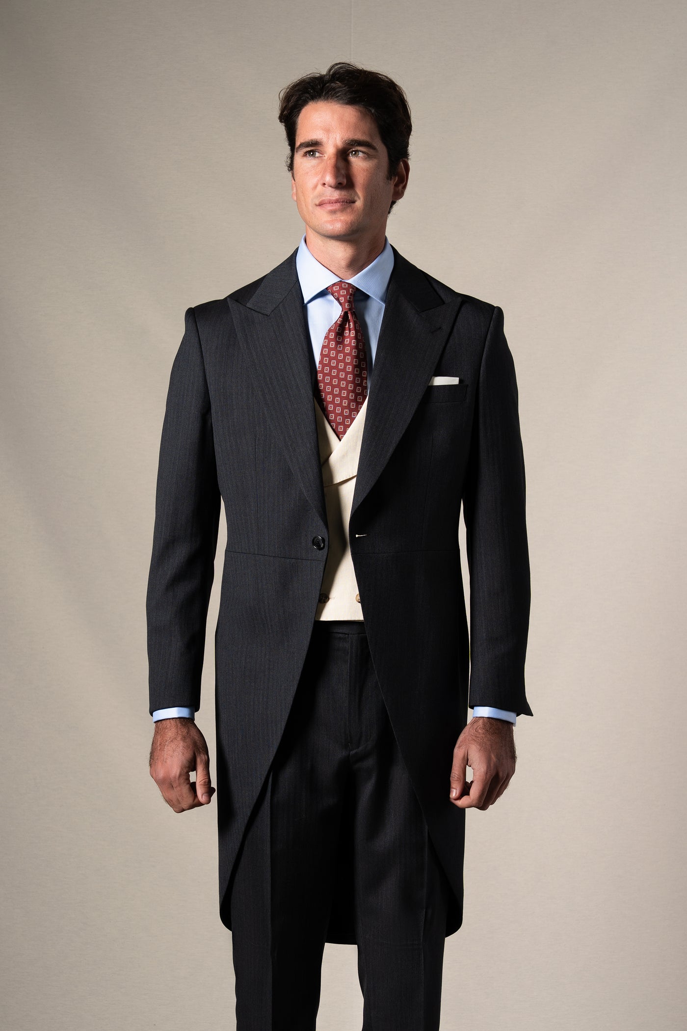 Herringbone Grey Morning Suit Beige Vest - Chaqué BUND